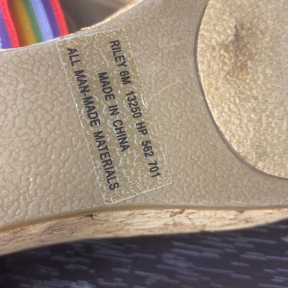 Apostrophe cork Wedge Sandals with Rainbow Elastic Straps Size 6M - Picture 7 of 10